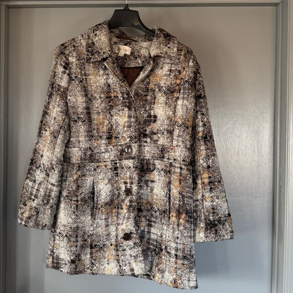 Erin London Women's Metallic Tweed Plaid Textured Button Jacket sz M Pockets